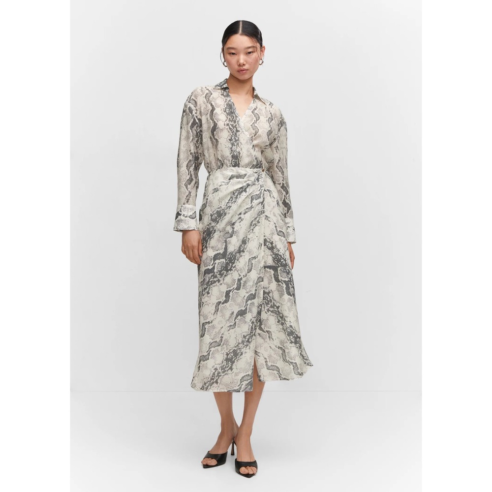 NWT Mango MNG Snake Print Midi Wrap Dress Grey Cream Long Sleeve Womens Size‎ 4